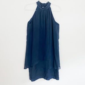 120% Lino Silk Linen Halter tier Neck Navy Dress 44